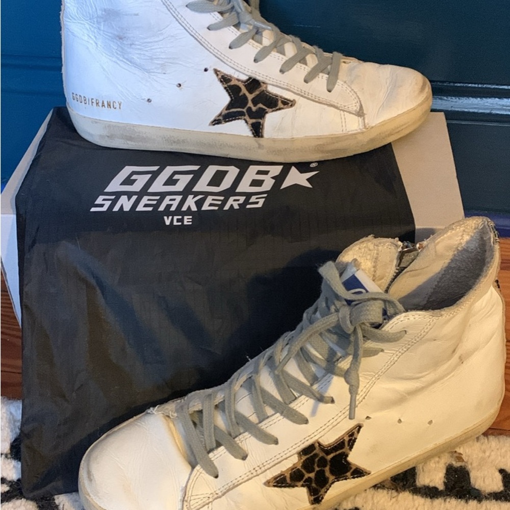 Golden Goose Francy White Leather High-Top Sneakers with Leopard Star size 8